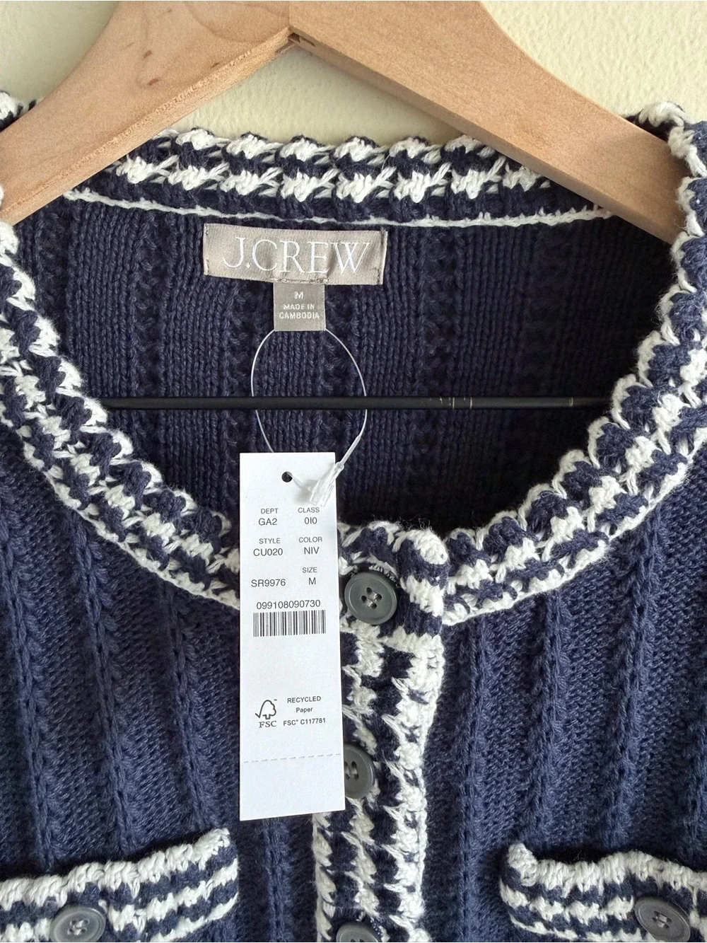 J.Crew Crochet Lady Jacket Cardigan Navy Ivory Cotton Pointelle Sweater M